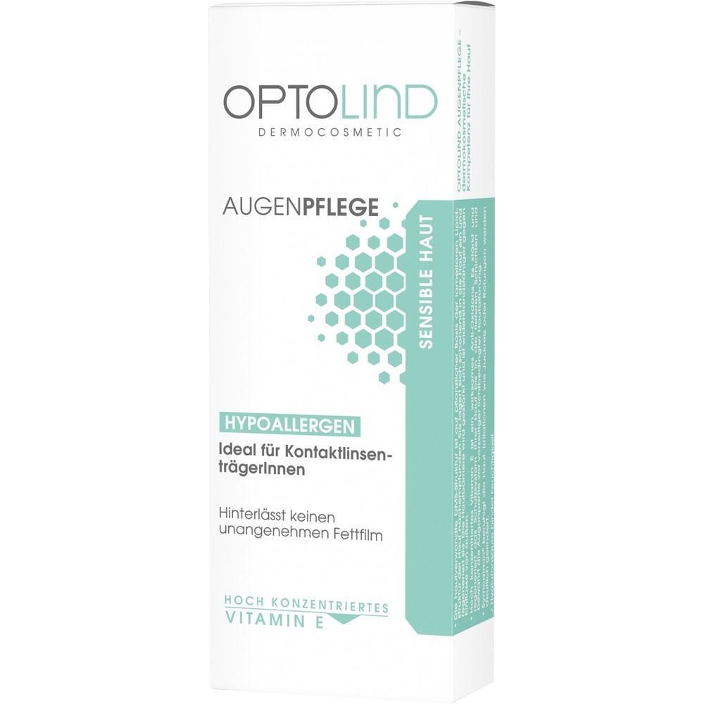 Eine wei&szlig;e Verpackung f&uuml;r hypoallergene Augenpflege mit t&uuml;rkisen Details.