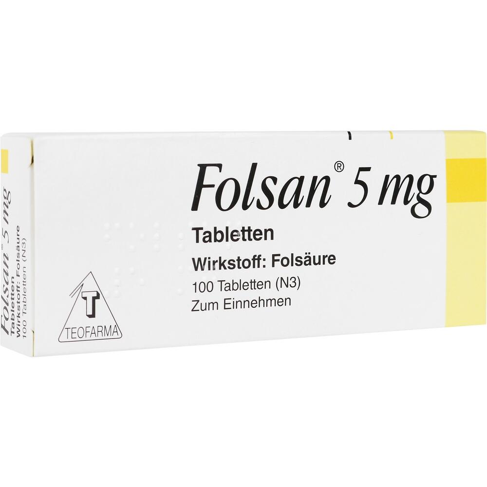 Verpackung der Tabletten "Folsan 5 mg" mit Wirkstoff Fols&auml;ure, 100 St&uuml;ck.