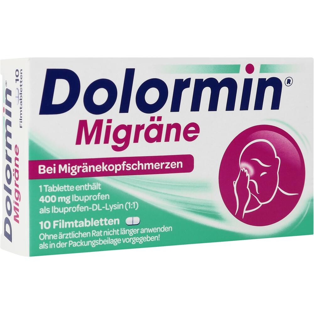 Verpackung von Dolormin Migr&auml;ne mit 10 Filmtabletten gegen Kopfschmerzen.