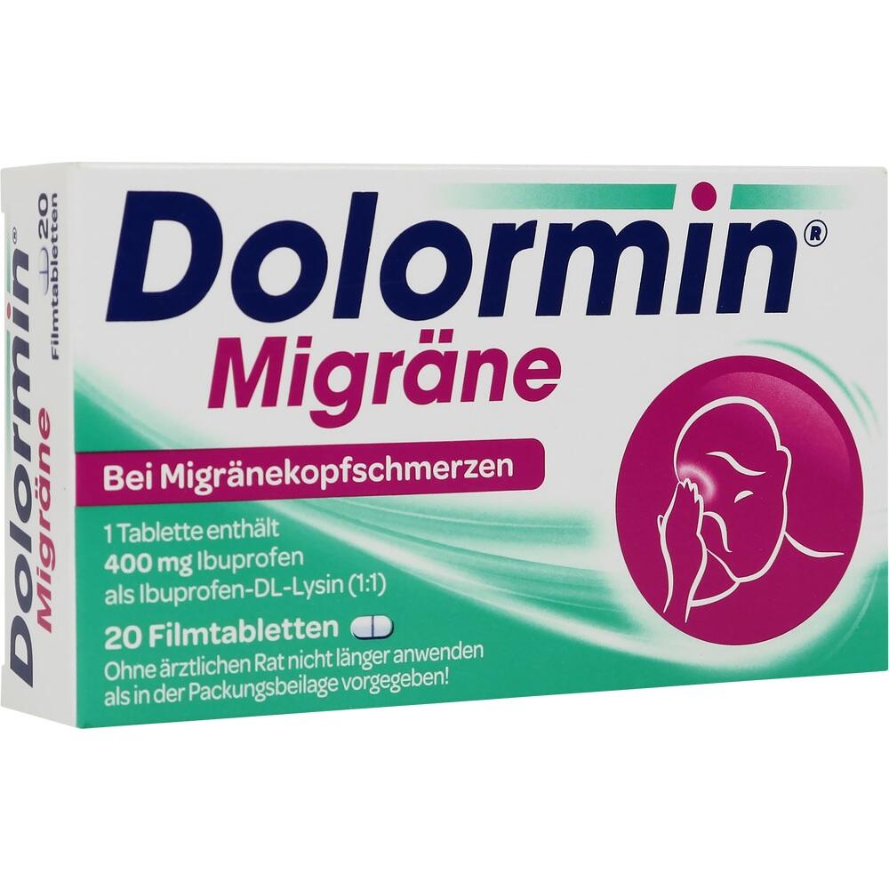 Verpackung von Dolormin Migr&auml;ne mit 400 mg Ibuprofen, Abbildung eines Kopfschmerz-Symbols.
