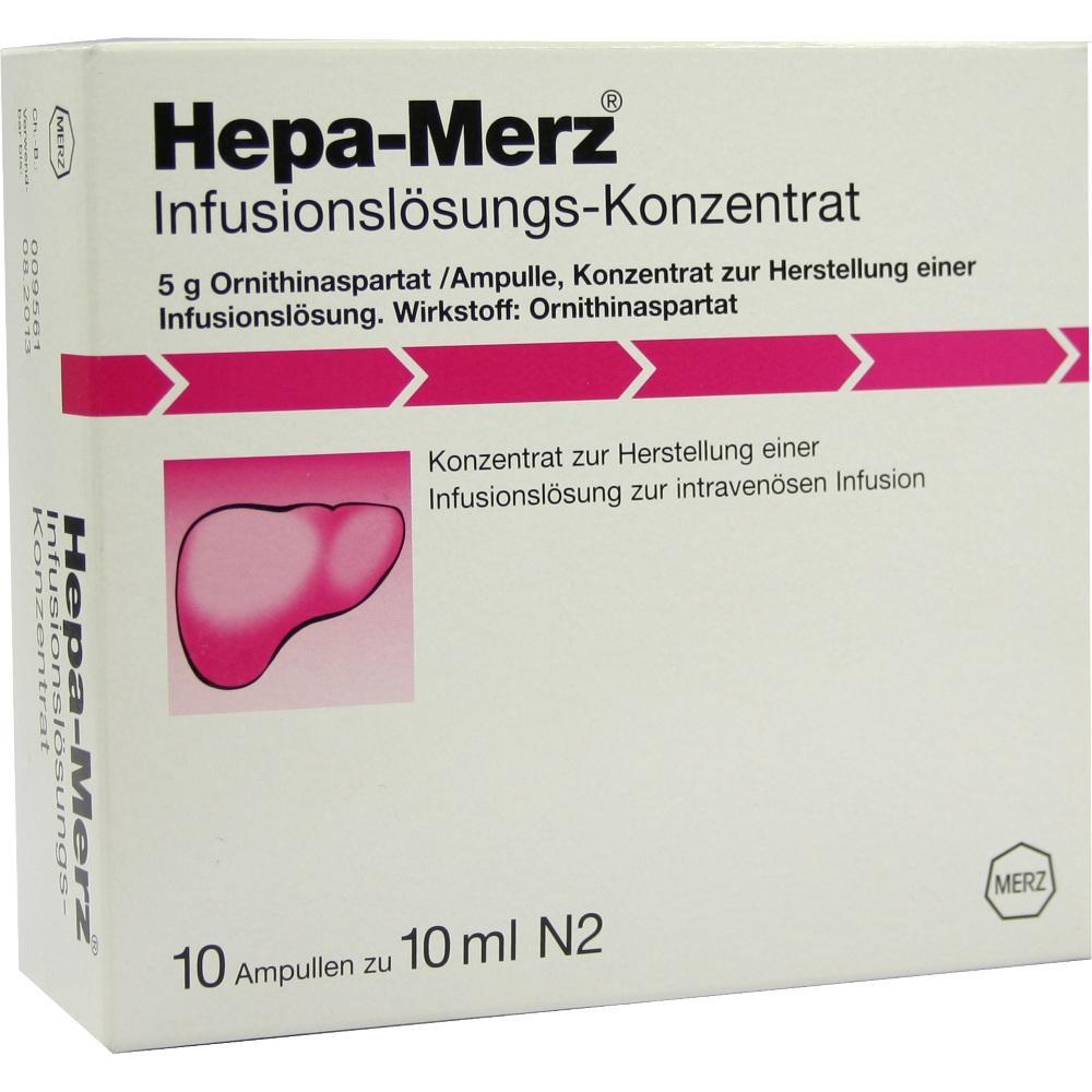 Eine Packung mit 10 Ampullen Hepa-Merz Infusionsl&ouml;sung-Konzentrat f&uuml;r intraven&ouml;se Infusionen.