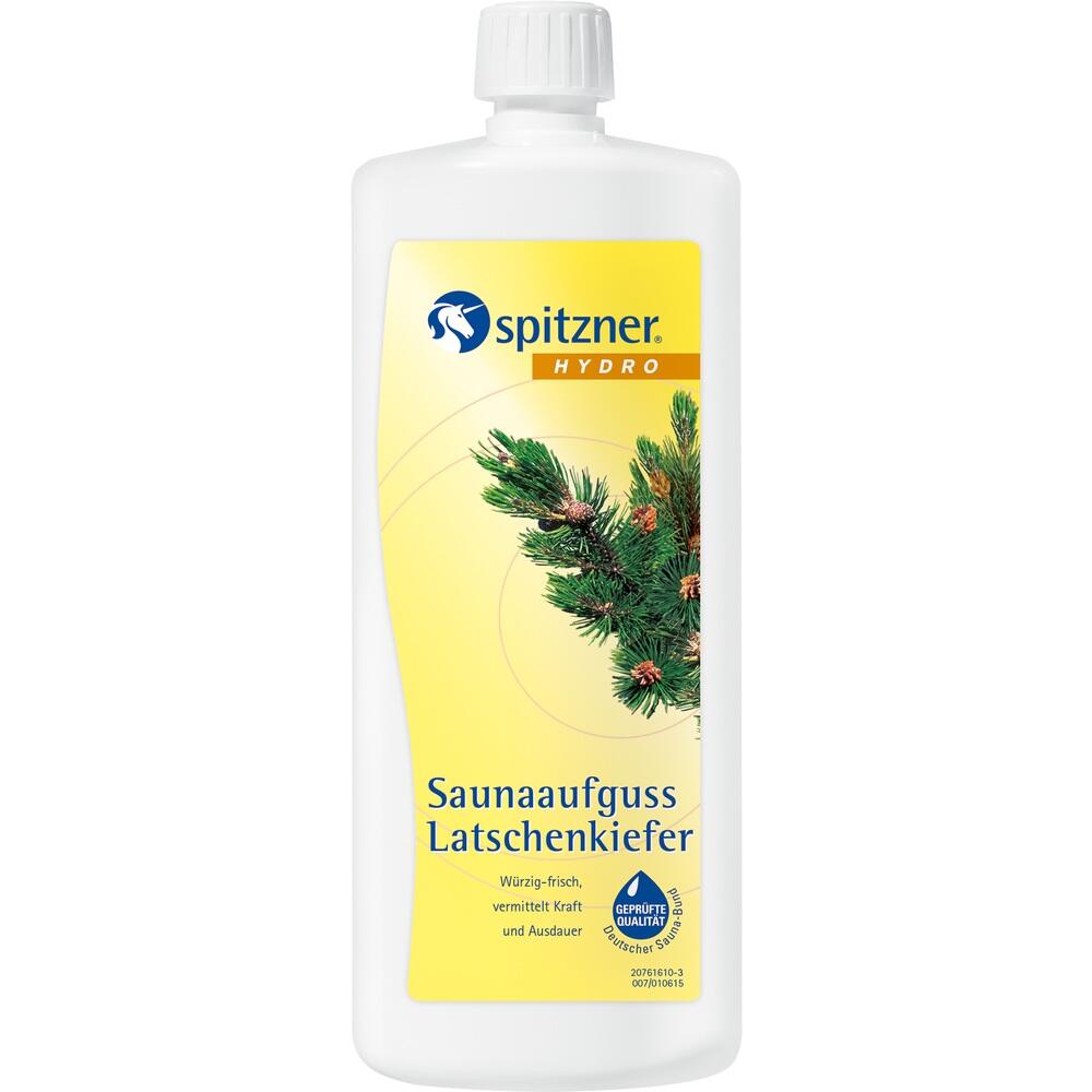 Eine Flasche mit Saunaaufguss Latschenkiefer von Spitzner Hydro.