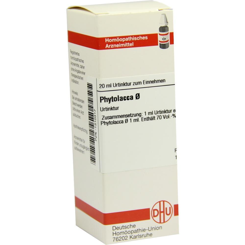 Wei&szlig;e Medikamentenverpackung mit rotem Streifen und der Aufschrift "Phytolacca &Oslash;".