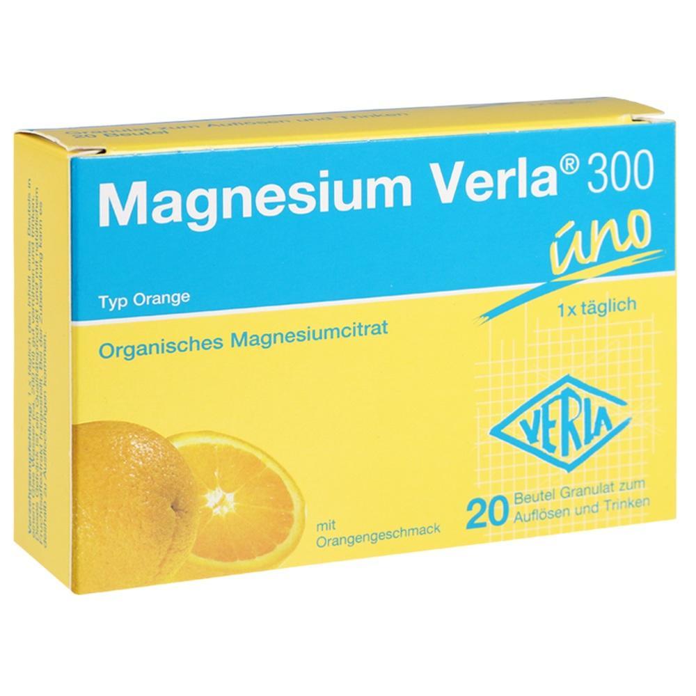 Gelbe und blaue Verpackung von Magnesium Verla 300 mit Orangengeschmack.