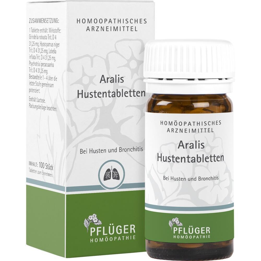 Flasche und Schachtel von Aralis Hustentabletten gegen Husten und Bronchitis.