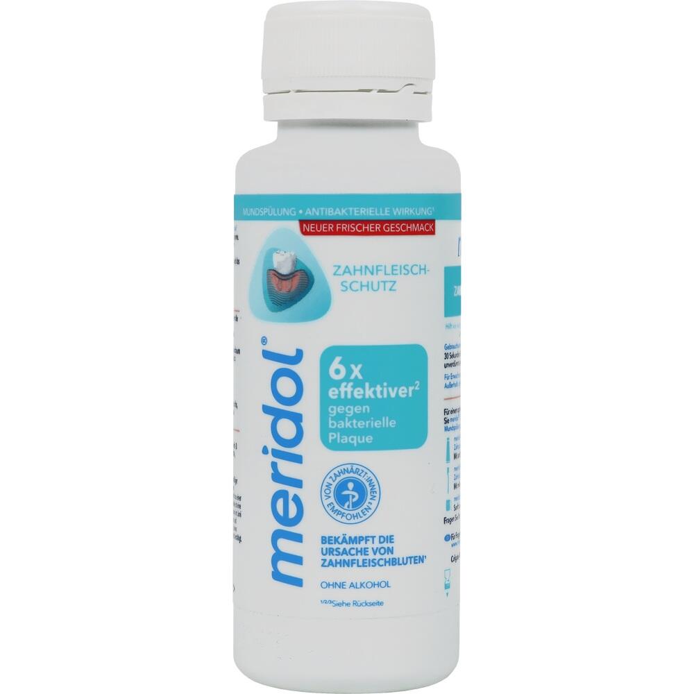 Wei&szlig;-blaues Mundsp&uuml;lungs-Produkt mit dem Namen "meridol" gegen Zahnfleischentz&uuml;ndungen.