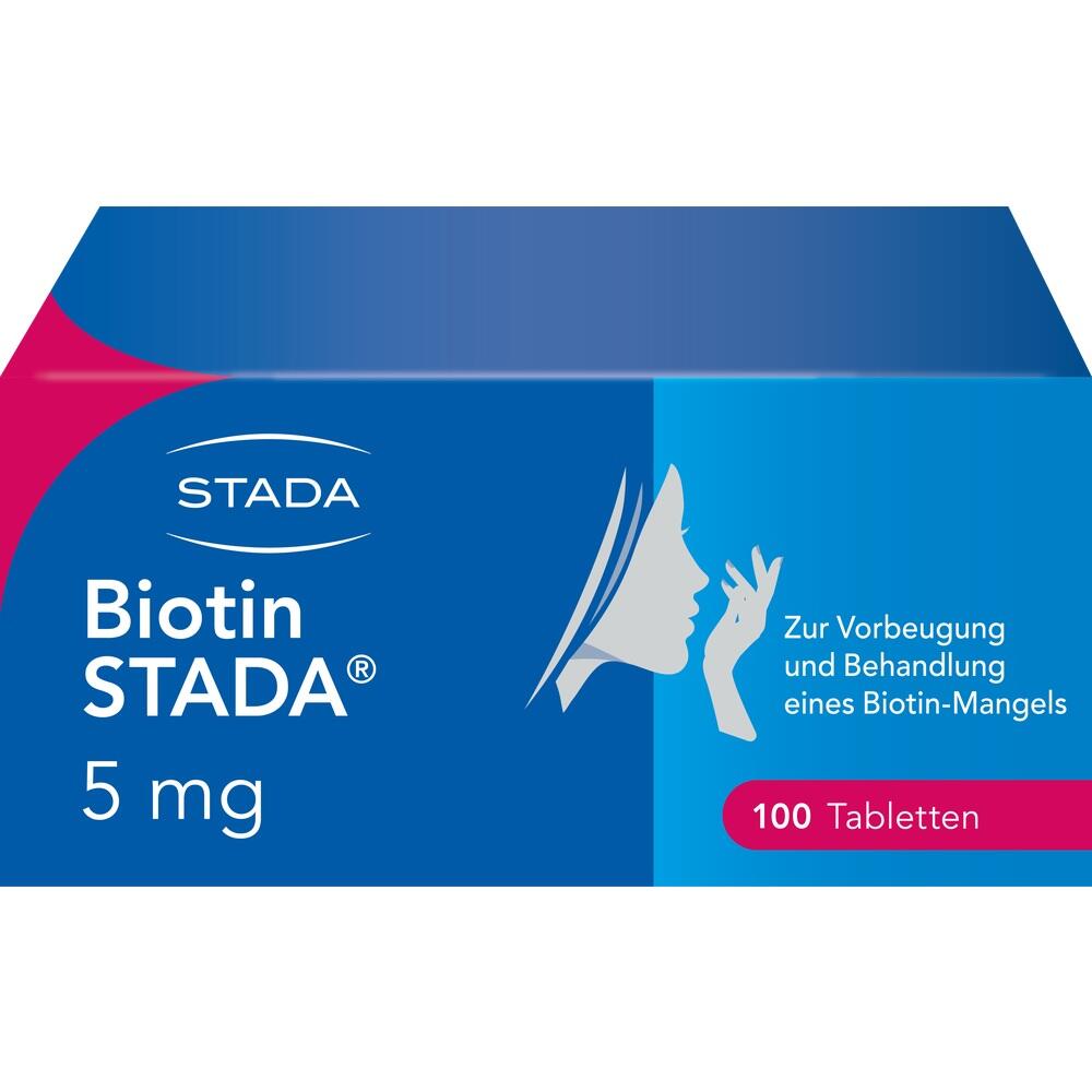 Blaue Schachtel f&uuml;r Biotin-Tabletten zur Behandlung von Biotin-Mangel.