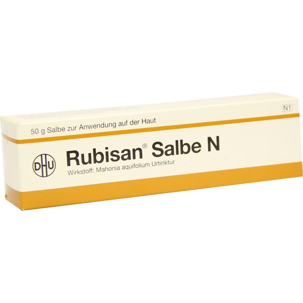 Eine Packung mit der Aufschrift "Rubisan Salbe N" f&uuml;r Hautanwendung.