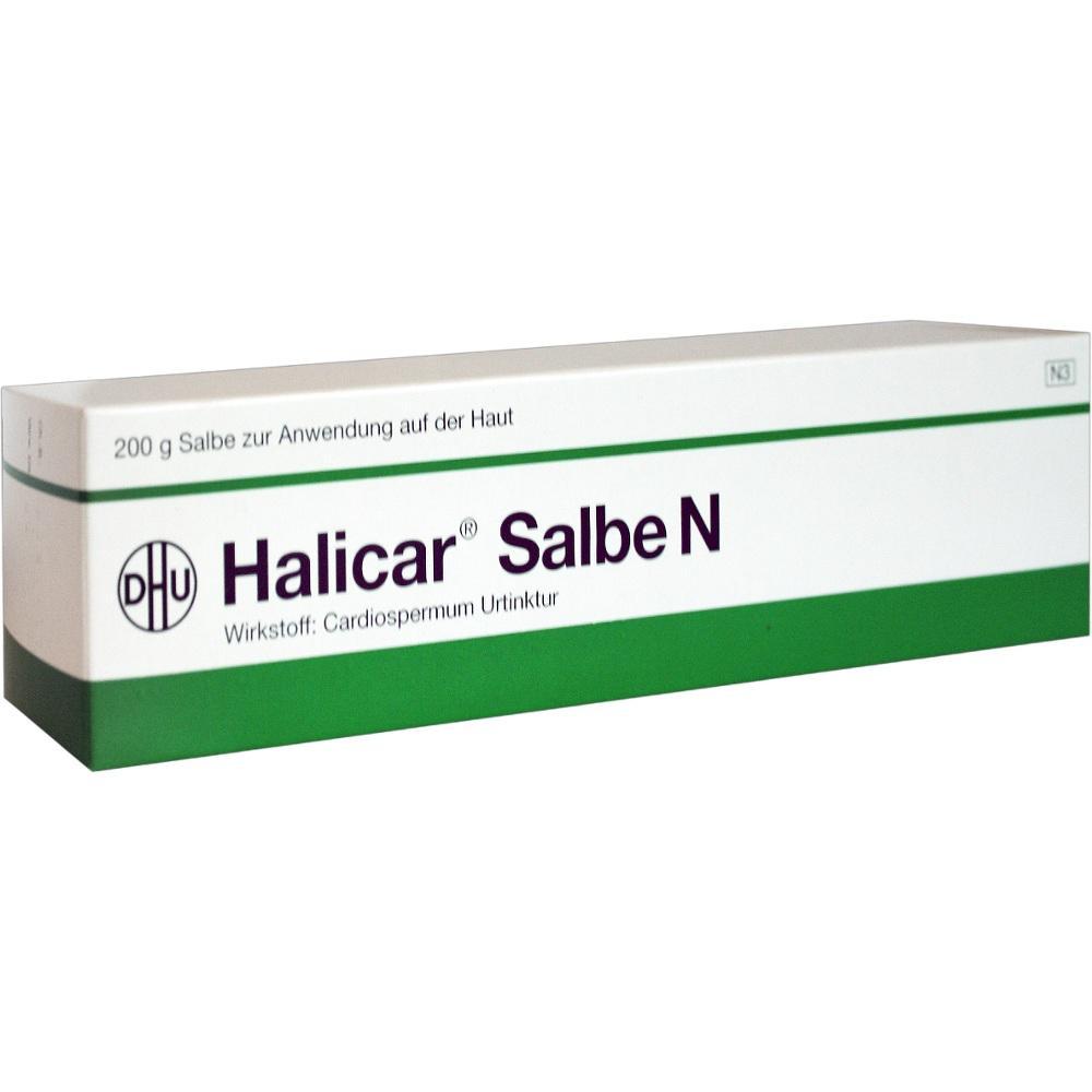 Wei&szlig;e und gr&uuml;ne Packung einer Salbe mit dem Namen "Halicar Salbe N".