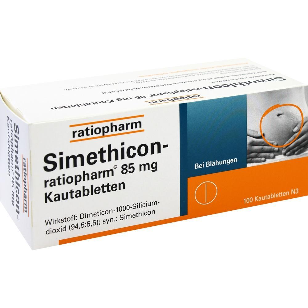 Verpackung von Simethicon Kautabletten gegen Bl&auml;hungen, 100 St&uuml;ck.
