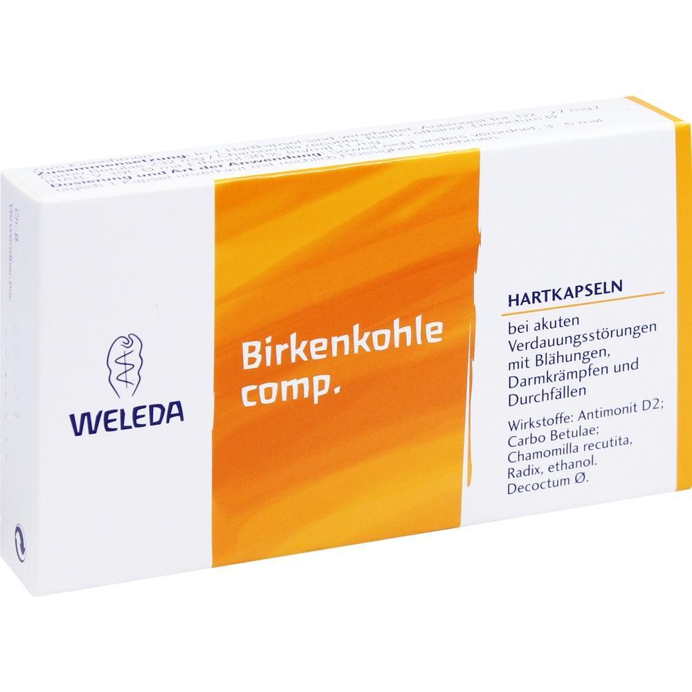 Eine Packung mit Birkenkohle Kapseln gegen Verdauungsst&ouml;rungen.