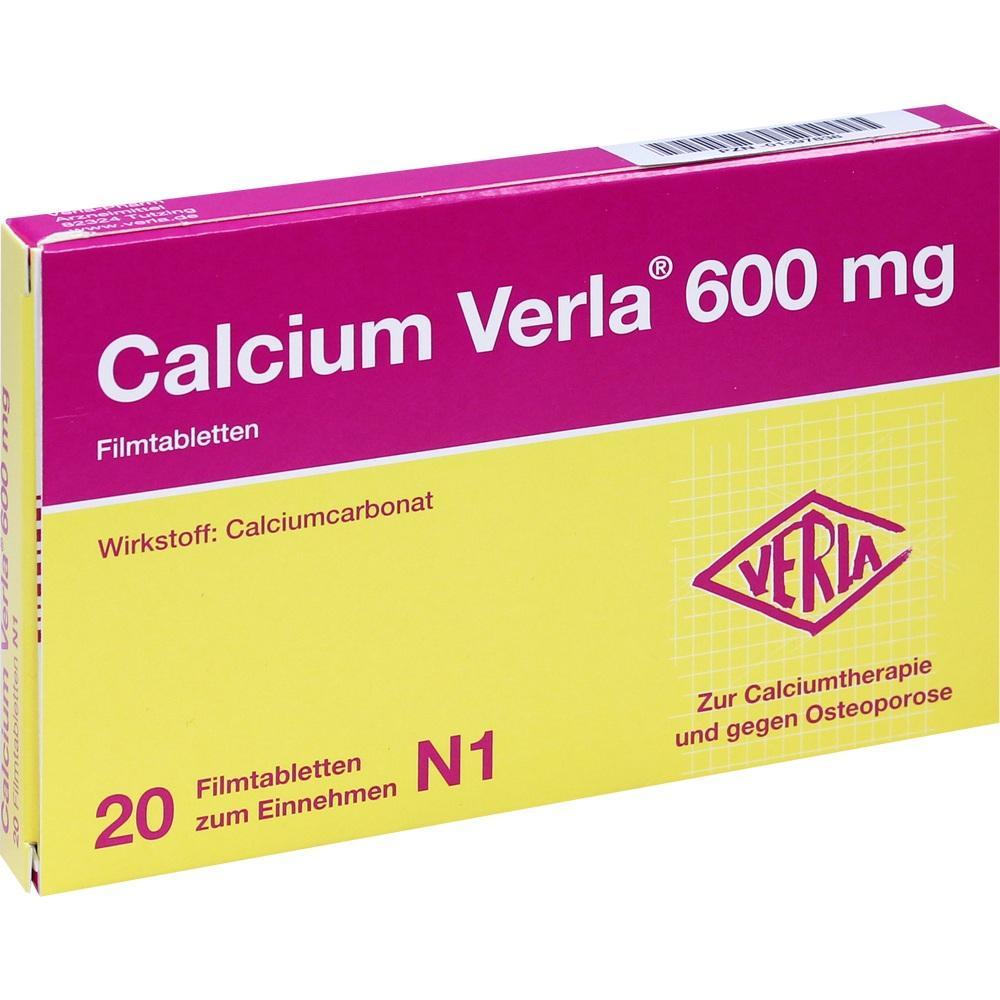 Verpackung von Calcium Verla 600 mg Filmtabletten zur Einnahme bei Calciummangel.