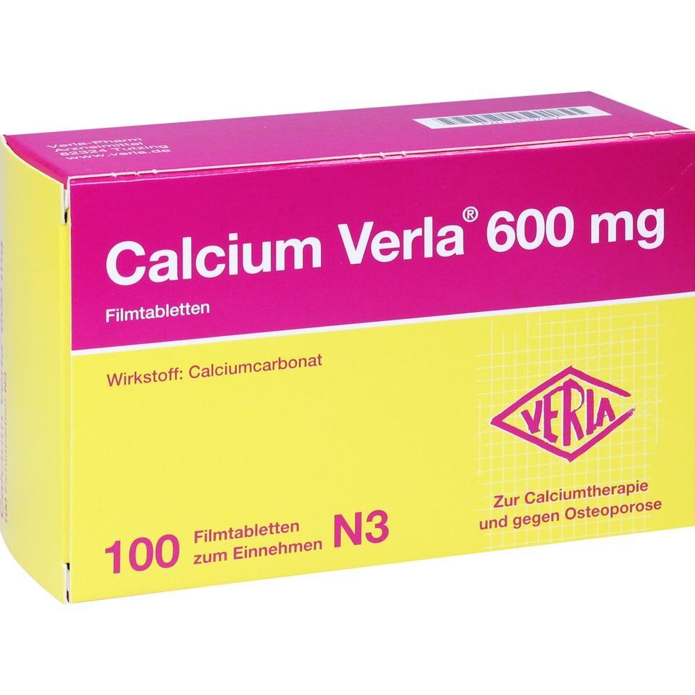 Die Packung zeigt "Calcium Verla 600 mg" Filmtabletten zur Calciumtherapie.