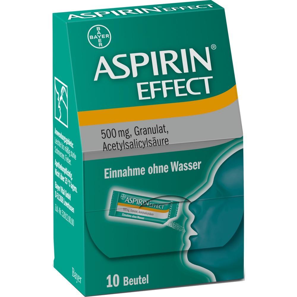 Eine gr&uuml;ne Packung Aspirin Effect mit 10 Beuteln zur Einnahme ohne Wasser.