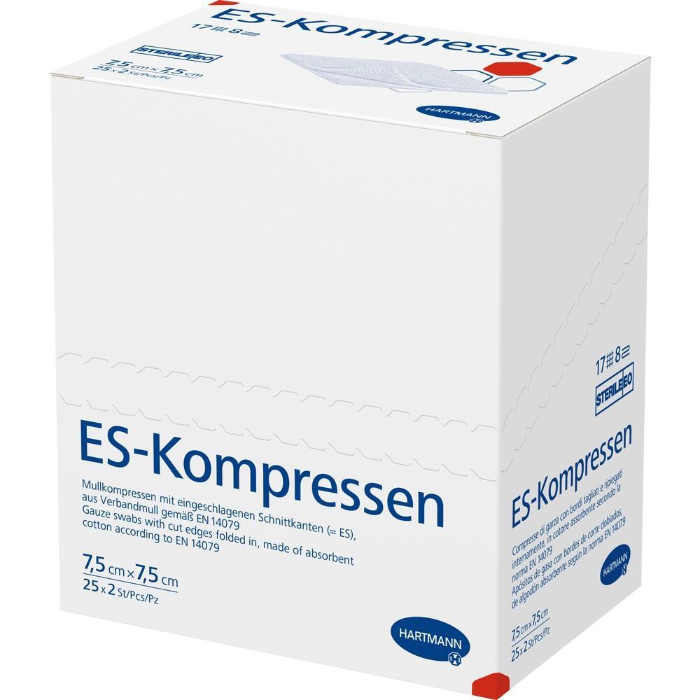 Wei&szlig;e Box mit blauer Aufschrift "ES-Kompressen" f&uuml;r sterile Mullkompressen.