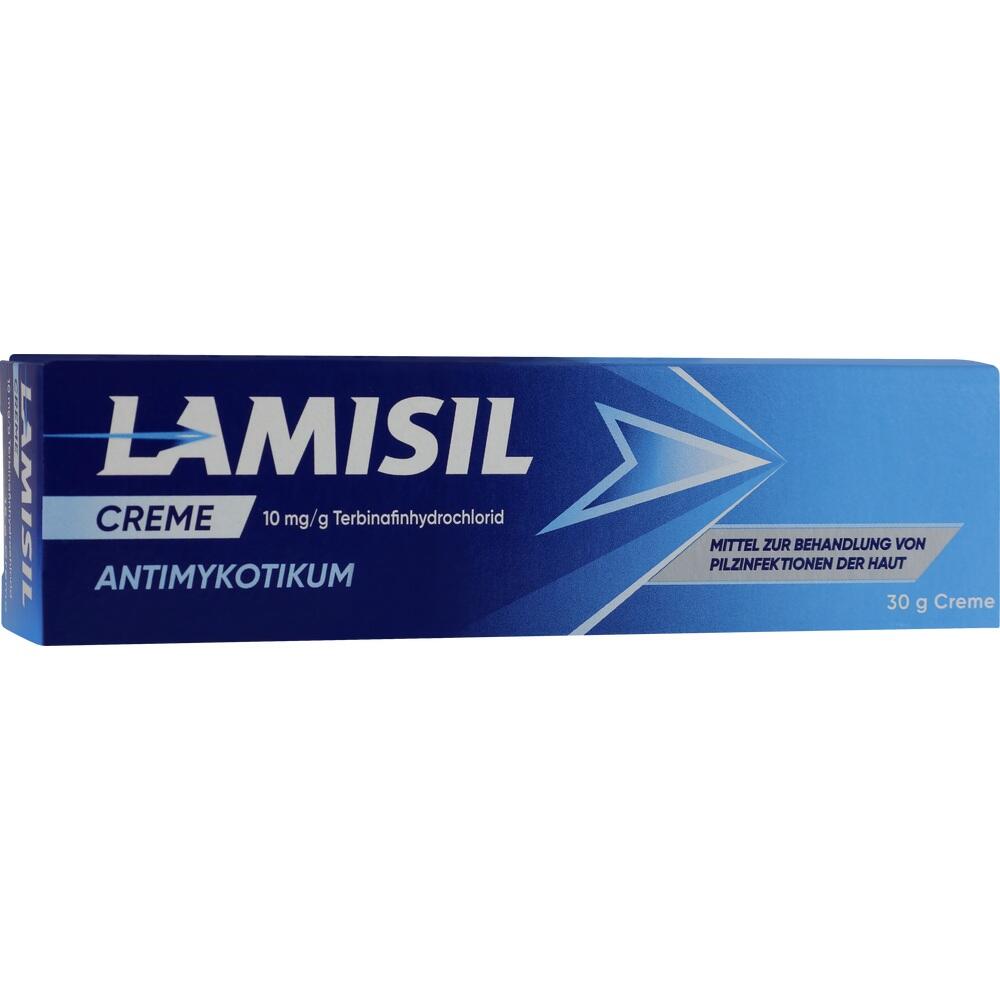 Eine blaue Packung Lamisil Creme gegen Hautpilzinfektionen.