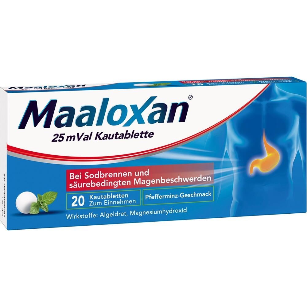 Verpackung von Maaloxan Kautabletten gegen Sodbrennen mit Pfefferminzgeschmack.