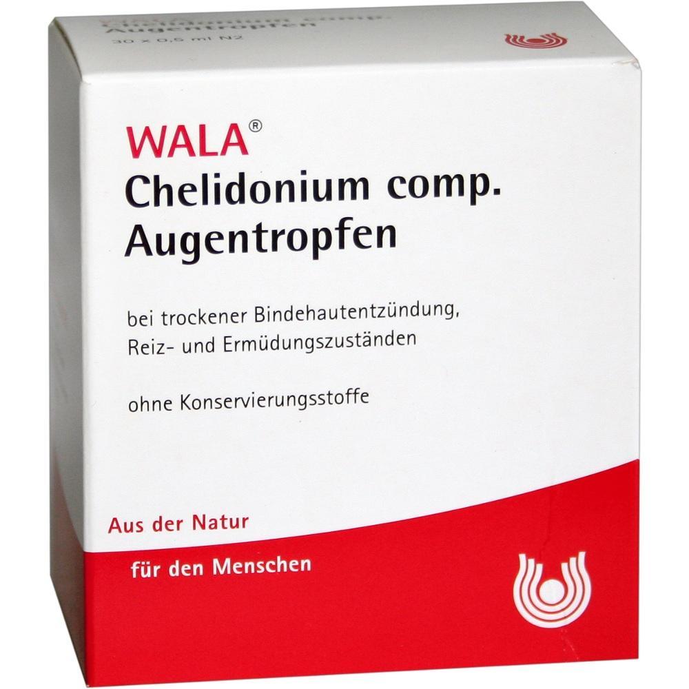 Weiße Packung mit der Aufschrift "Chelidonium comp. Augentropfen" von Wala.