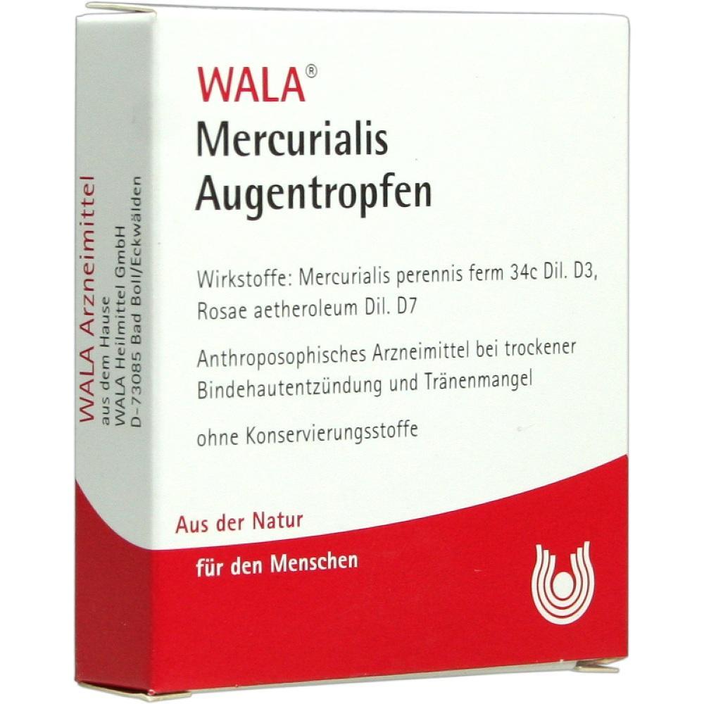 Schachtel mit WALA Mercurialis Augentropfen für trockene Augen.