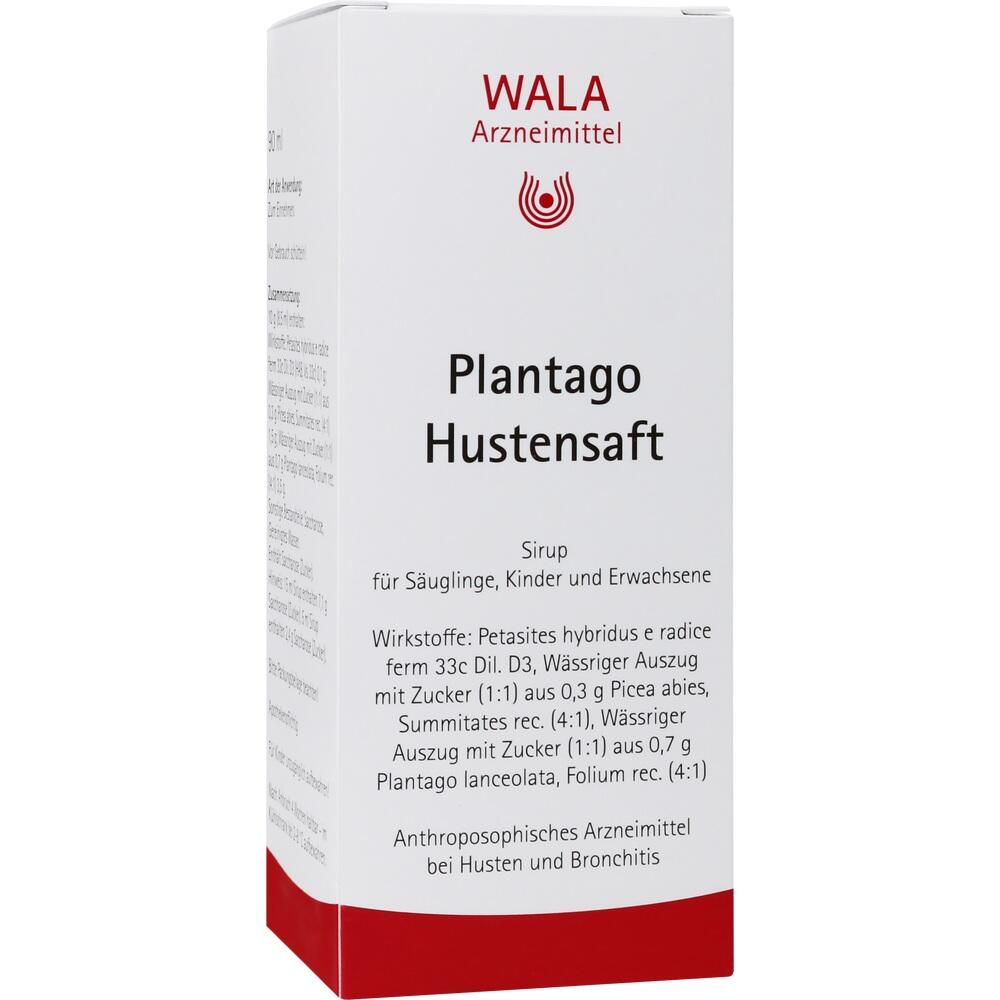 Wei&szlig;e und rote Packung von WALA Plantago Hustensaft mit Textdetails.