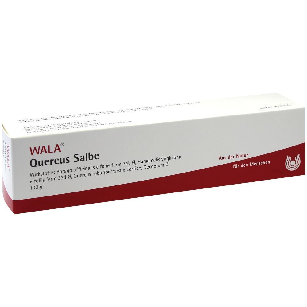 Große, weiße Verpackung der "WALA Quercus Salbe" mit rotem Streifen am Rand.