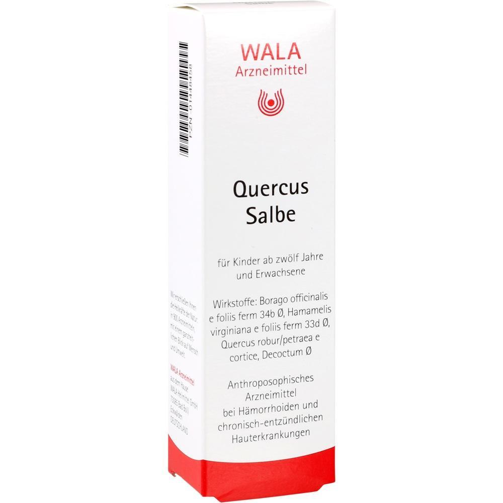 Weiße Packung mit Aufschrift "Quercus Salbe", für Hautkrankheiten und Hämorrhoiden geeignet.