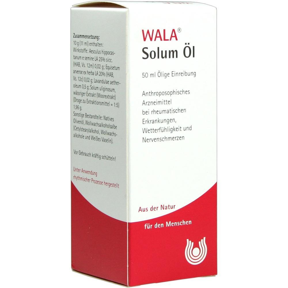 Eine Verpackung von WALA Solum Öl, einem Mittel gegen rheumatische Beschwerden.