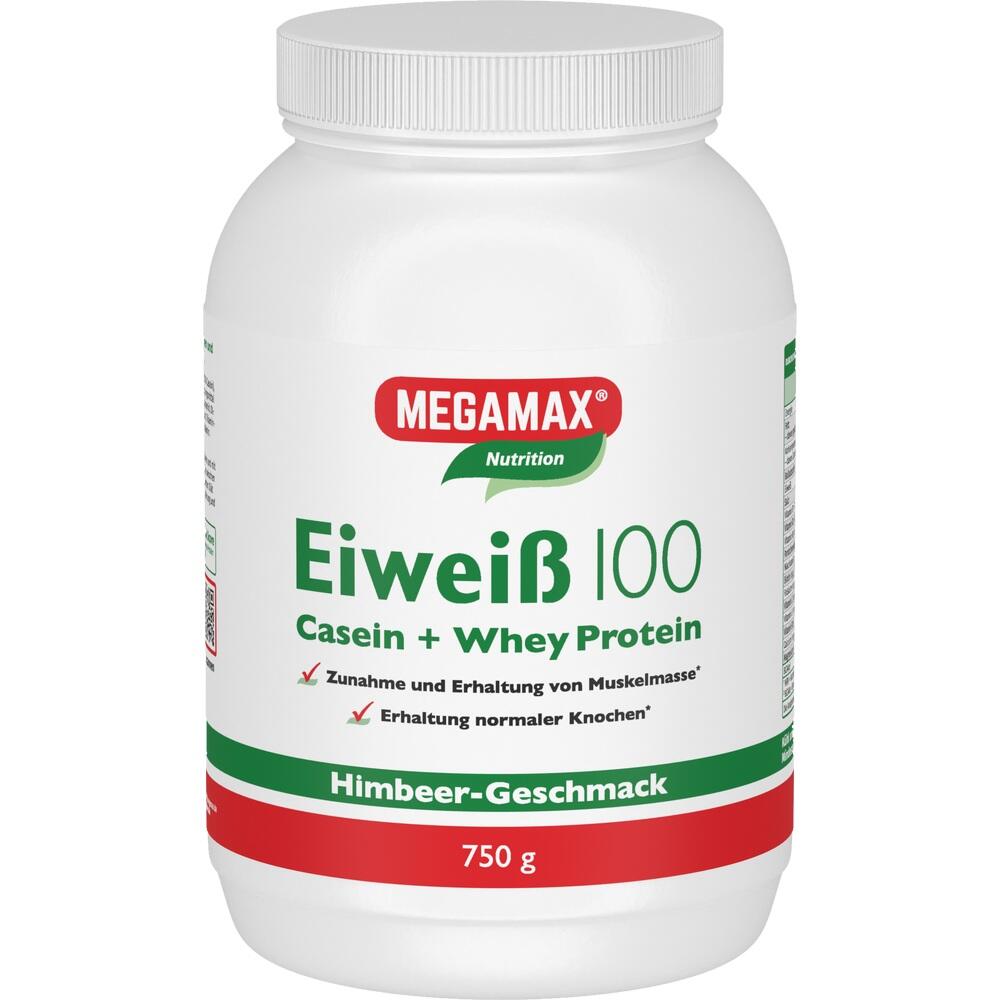 Eine Dose Megamax Eiwei&szlig;pulver mit Himbeergeschmack.