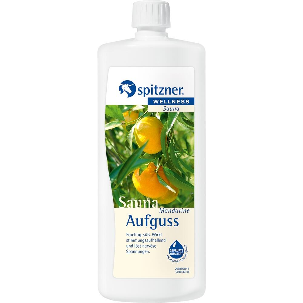 Flasche mit Saunaduft "Mandarine" und Bild von Mandarinen auf dem Etikett.