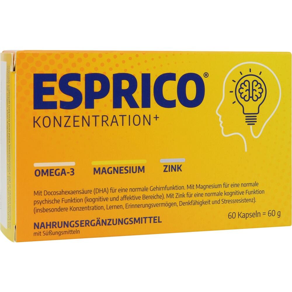Gelbe Verpackung von Esprico, einem Nahrungserg&auml;nzungsmittel mit Omega-3, Magnesium und Zink.