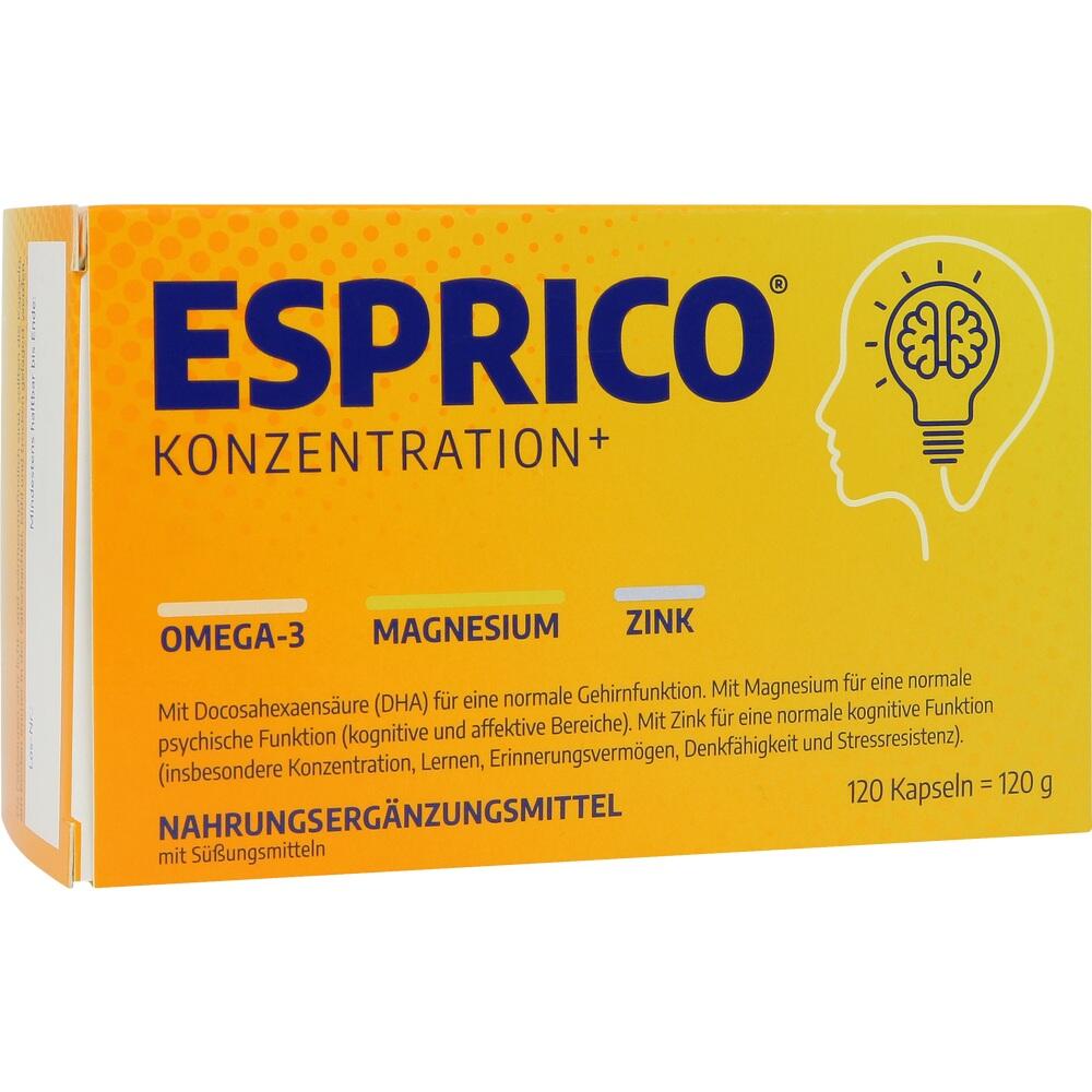Gelbe Verpackung von Nahrungserg&auml;nzungsmittel namens Esprico mit Omega-3, Magnesium und Zink.