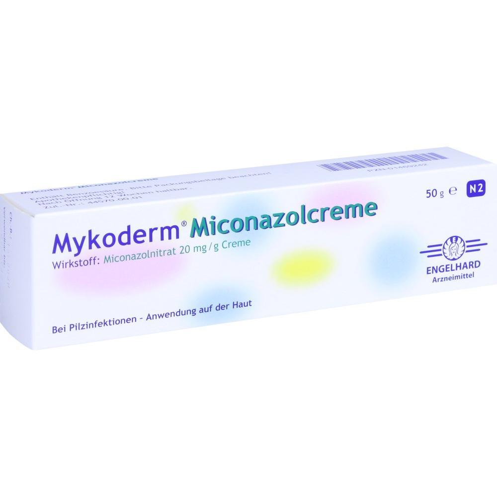 Wei&szlig;e Creme-Packung mit Aufschrift "Mykoderm Miconazolcreme" gegen Pilzinfektionen.