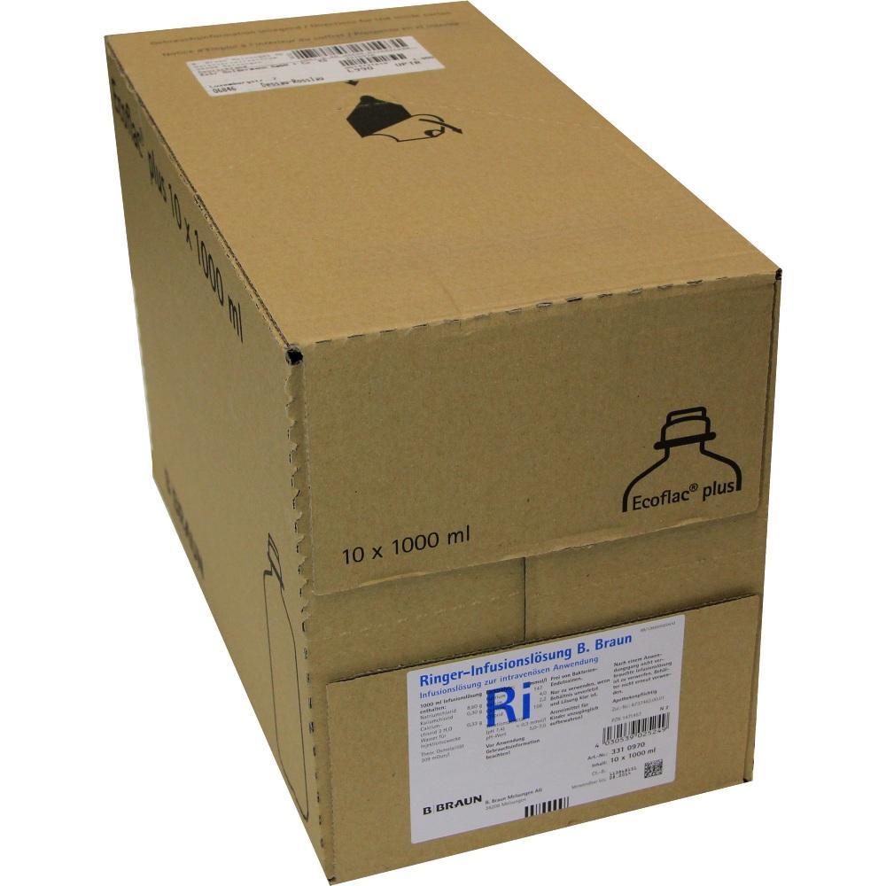 Ein brauner Pappkarton mit medizinischen Infusionslösungen.