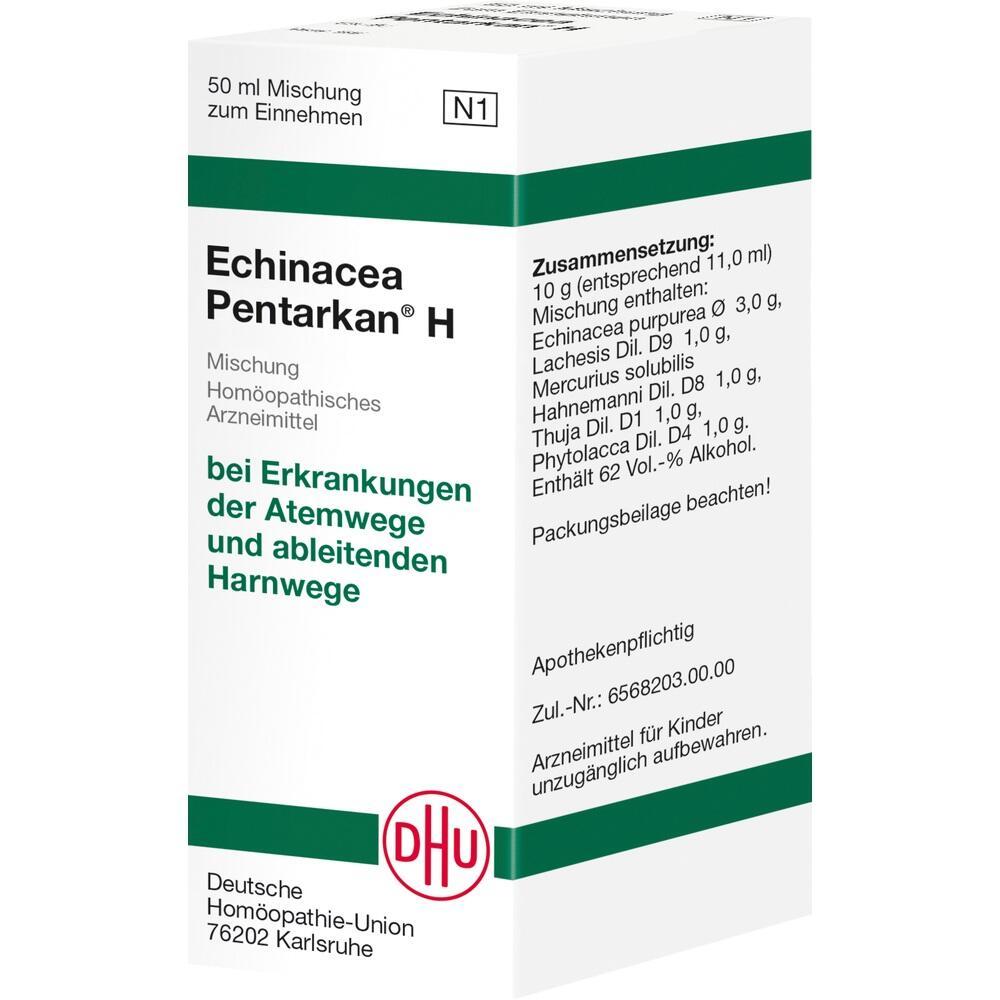 Wei&szlig;e Medikamentenschachtel mit gr&uuml;nem Streifen und Aufschrift "Echinacea Pentarkan H".