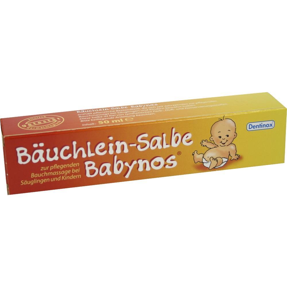 Eine Verpackung mit Babycreme namens "B&auml;uchlein-Salbe Babynos" mit Babybild darauf.