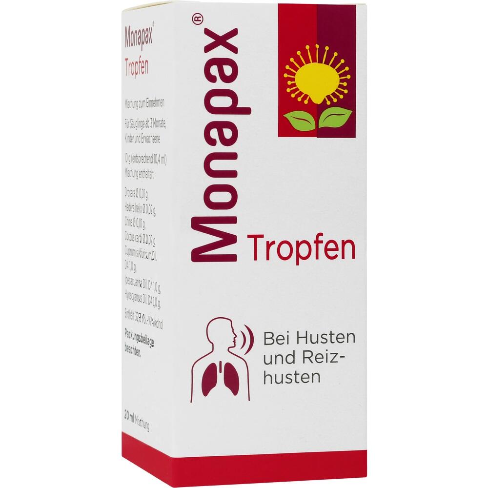 Eine Packung Monapax Tropfen gegen Husten und Reizhusten.