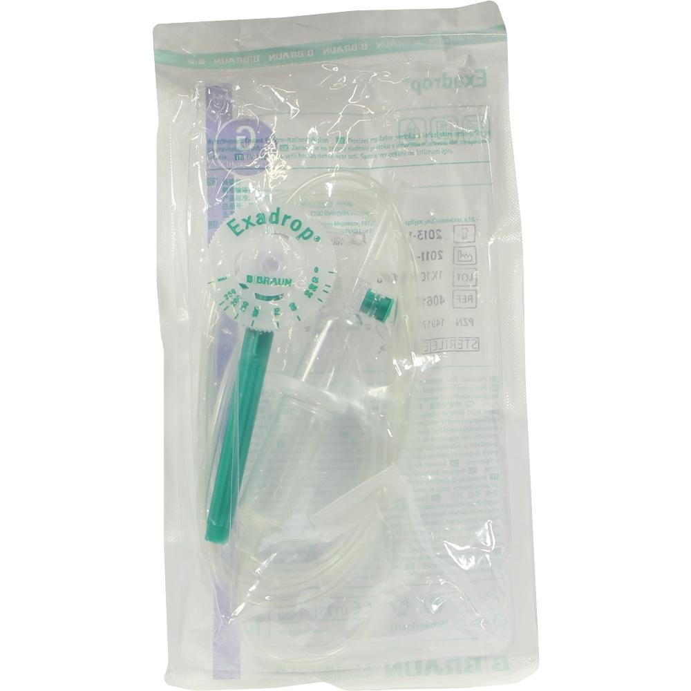 Ein steriler Schlauch zur Infusion von Flüssigkeiten in einer Plastikverpackung.