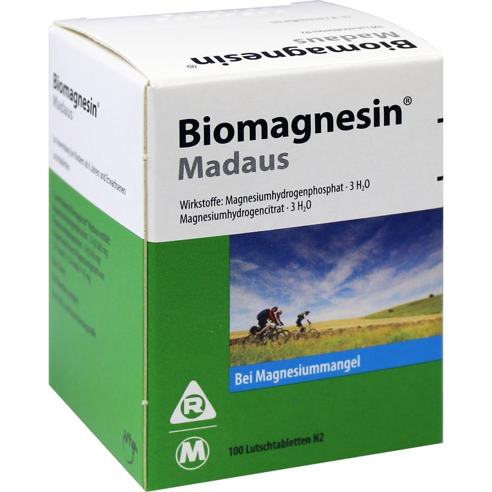 Gr&uuml;ne Packung Biomagnesin Madaus gegen Magnesiummangel mit Bild von Radfahrern.