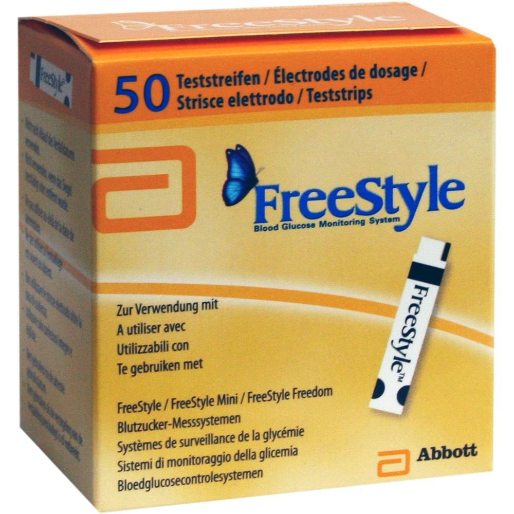 Gelbe Packung mit 50 FreeStyle Blutzuckerteststreifen von Abbott.