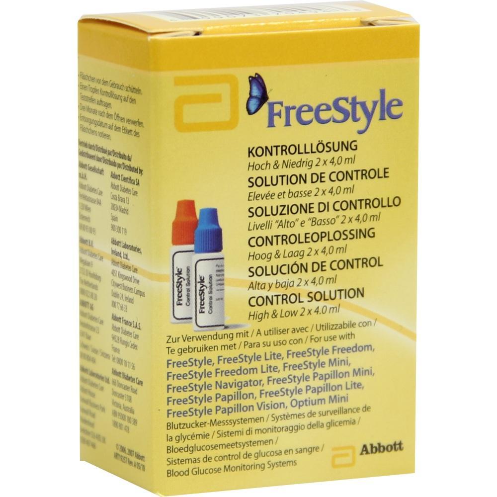 Gelbe Verpackung mit zwei Fl&uuml;ssigkeitsfl&auml;schchen und der Aufschrift "FreeStyle Kontrolll&ouml;sung".