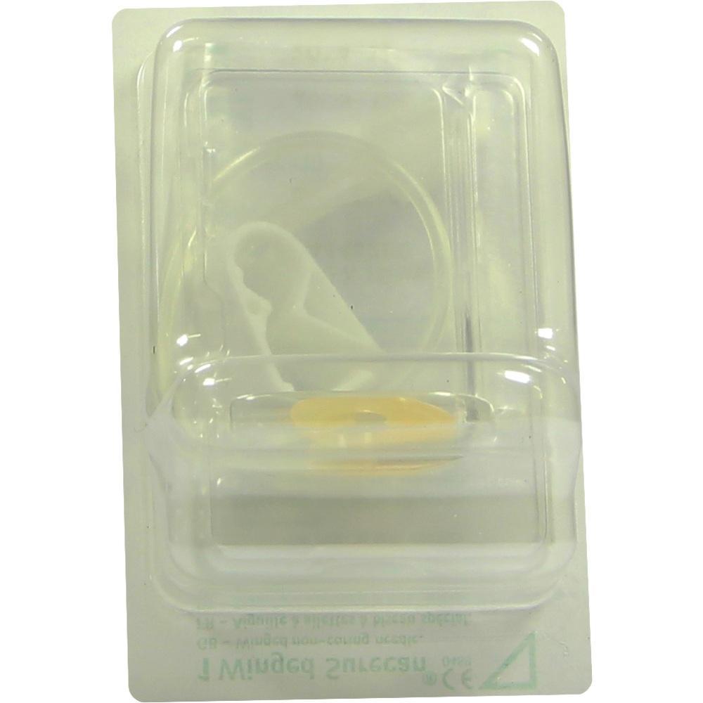 Eine durchsichtige Plastikverpackung enthält einen kleinen gelben Gegenstand.