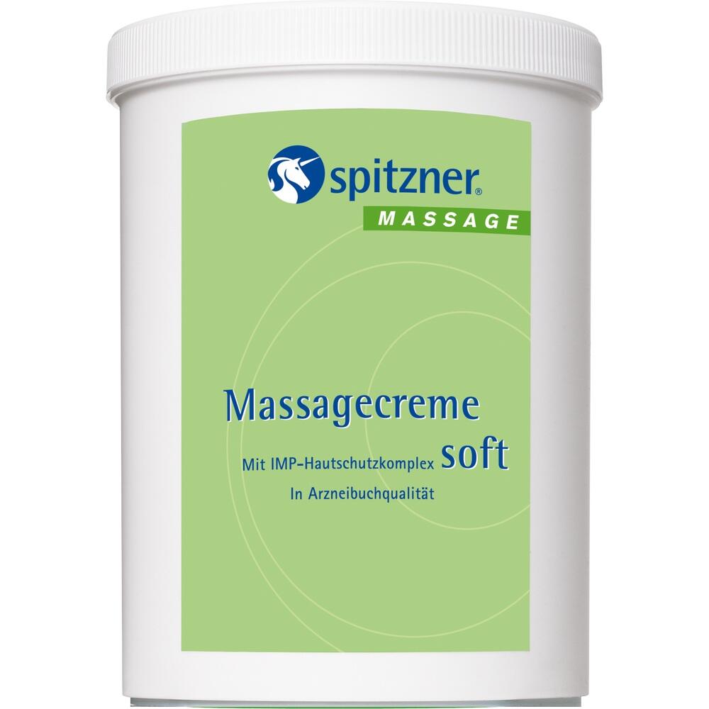 Wei&szlig;e Dose mit gr&uuml;ner Aufschrift "Massagecreme soft" und dem Logo von Spitzner.