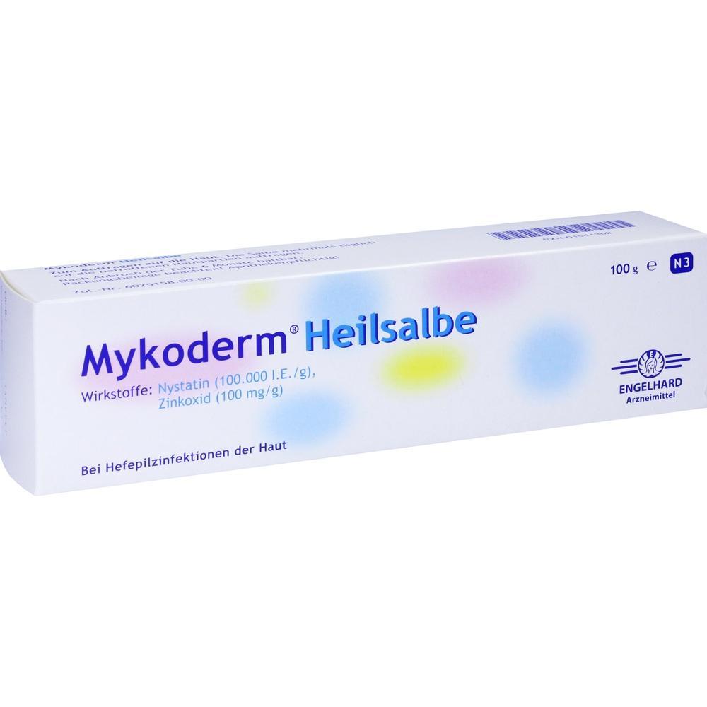 Wei&szlig;e Schachtel mit der Aufschrift "Mykoderm Heilsalbe" gegen Hautinfektionen.