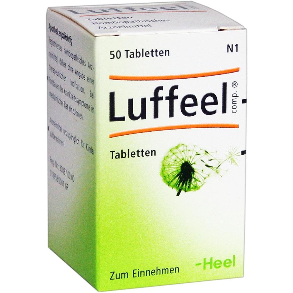 Eine wei&szlig;e Schachtel mit 50 Tabletten von Luffeel, darauf eine gezeichnete Pusteblume.