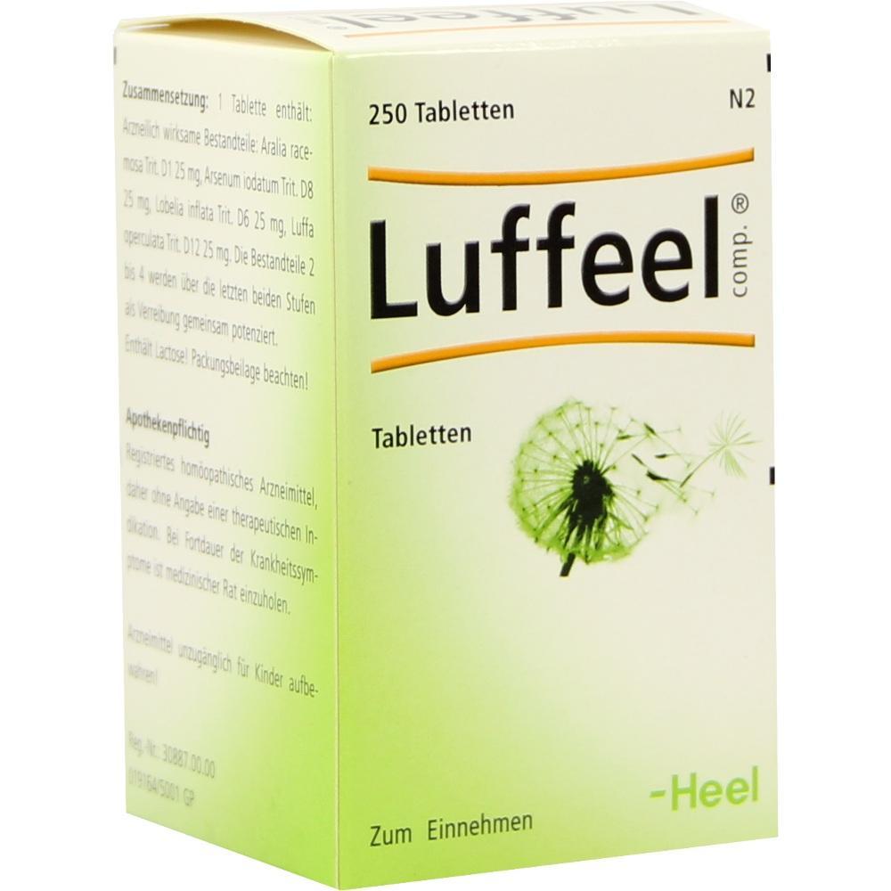 Eine Packung Luffeel-Tabletten mit 250 St&uuml;ck und einer Pusteblume darauf.
