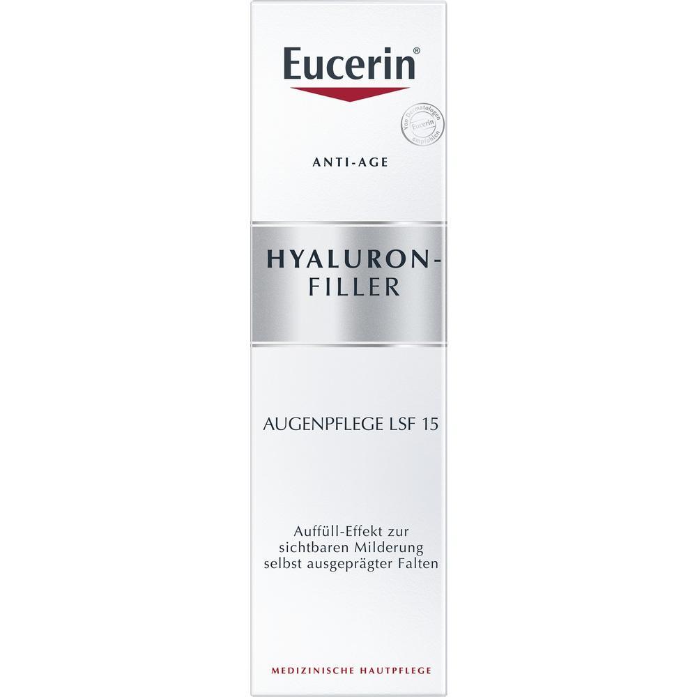 Wei&szlig;e Schachtel mit der Aufschrift "Eucerin Hyaluron-Filler Augenpflege LSF 15".