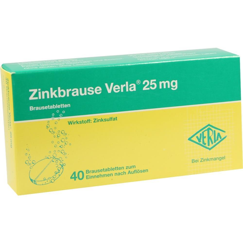 Gr&uuml;ne und gelbe Packung von Zinkbrause Verla 25 mg Brausetabletten.