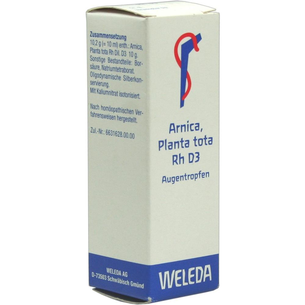 Ein wei&szlig;er Karton mit blauer Aufschrift f&uuml;r Arnica-Augentropfen.