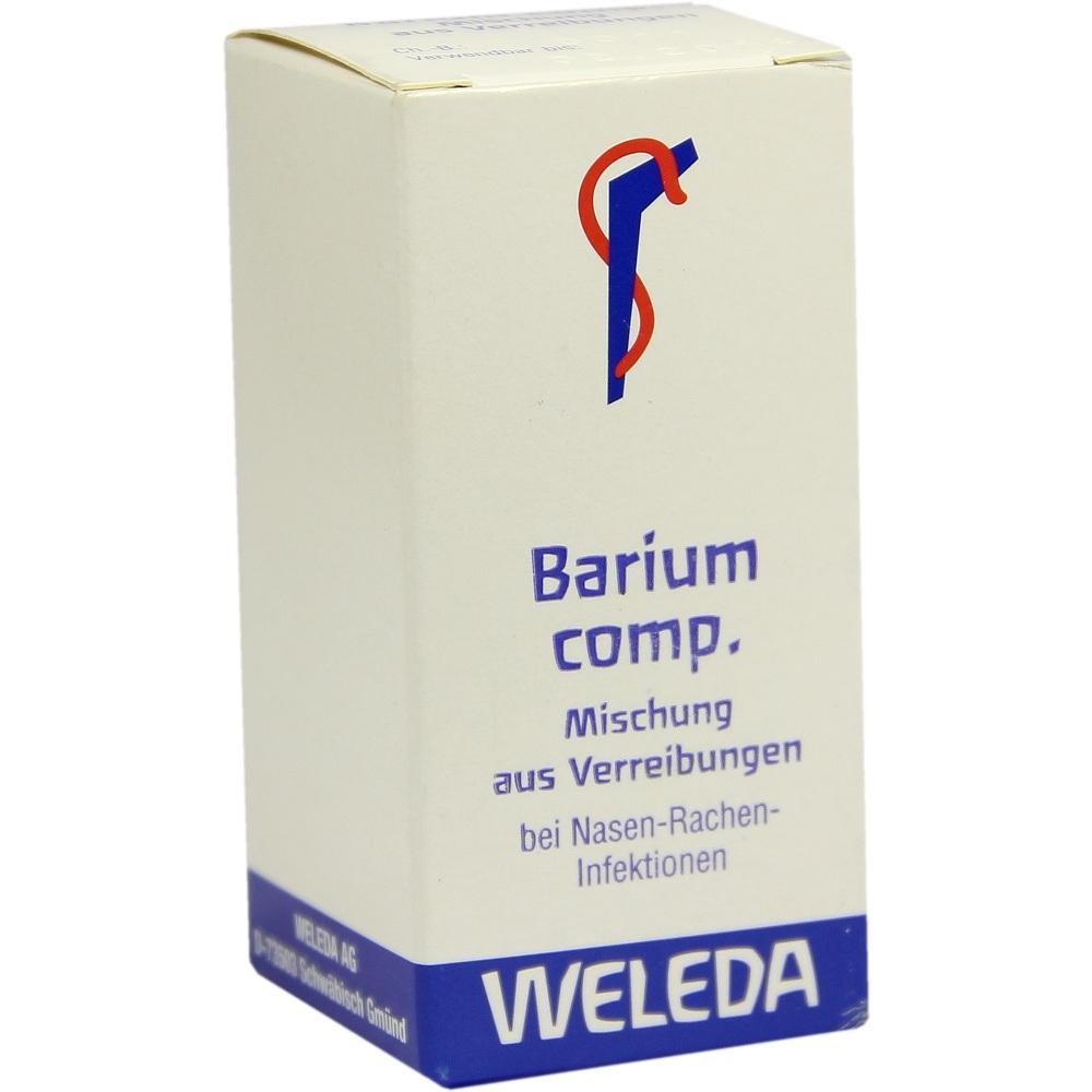Wei&szlig;e Verpackung mit blauem Text "Barium comp." von Weleda f&uuml;r Infektionen.