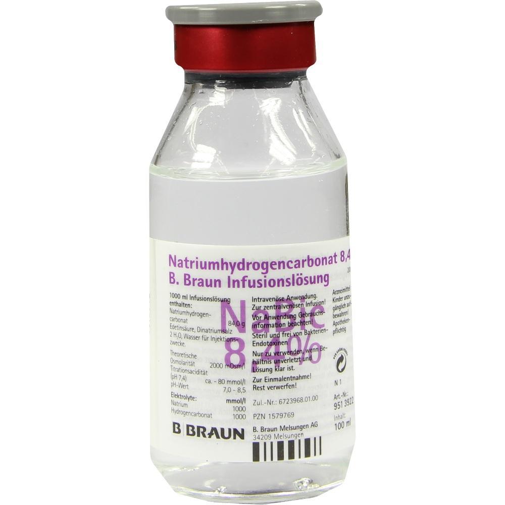 Eine Flasche mit Natriumhydrogencarbonat Infusionslösung von B. Braun.
